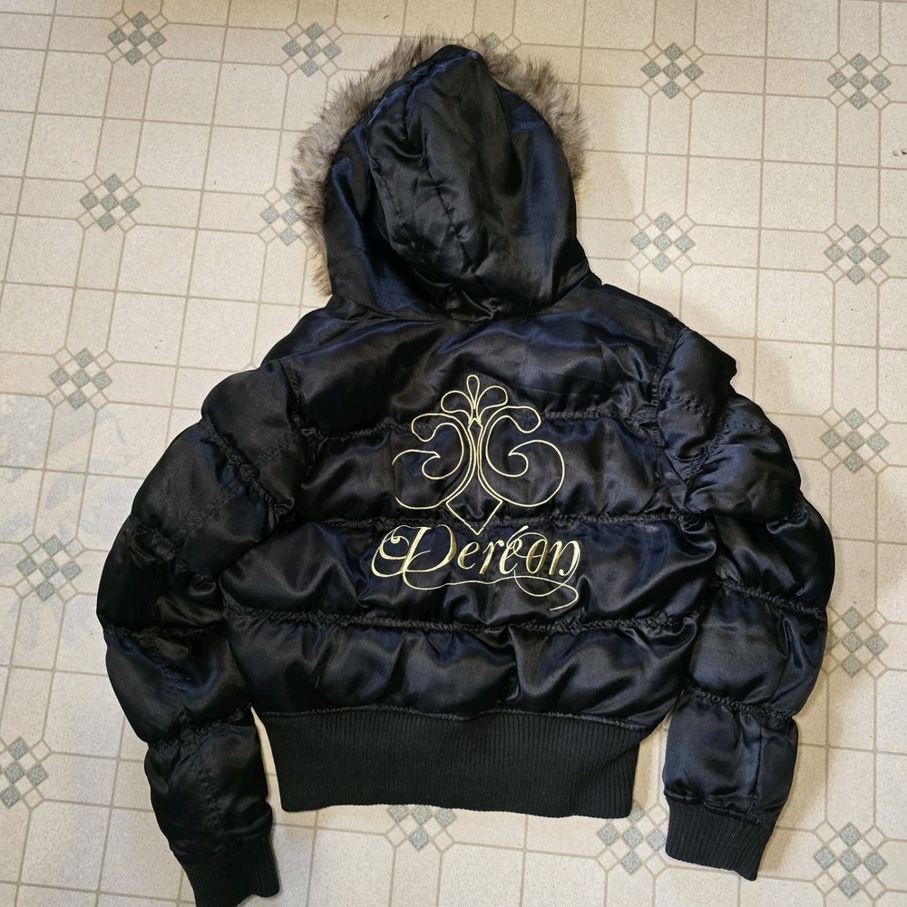00s Y2K Dereon Black Puffer Faux Fur Hoodie Bomber Cropped Jacket Coat Sz L Rare